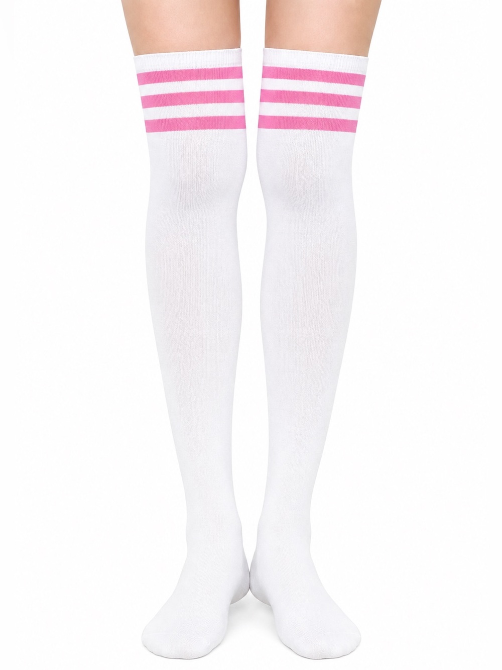 White & Pink Striped Thigh High Over the Knee Socks